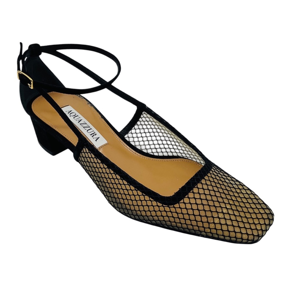 AQUAZZURA BLACK ASHA 35 SUEDE TRIMMED MESH LOW HEEL PUMPS